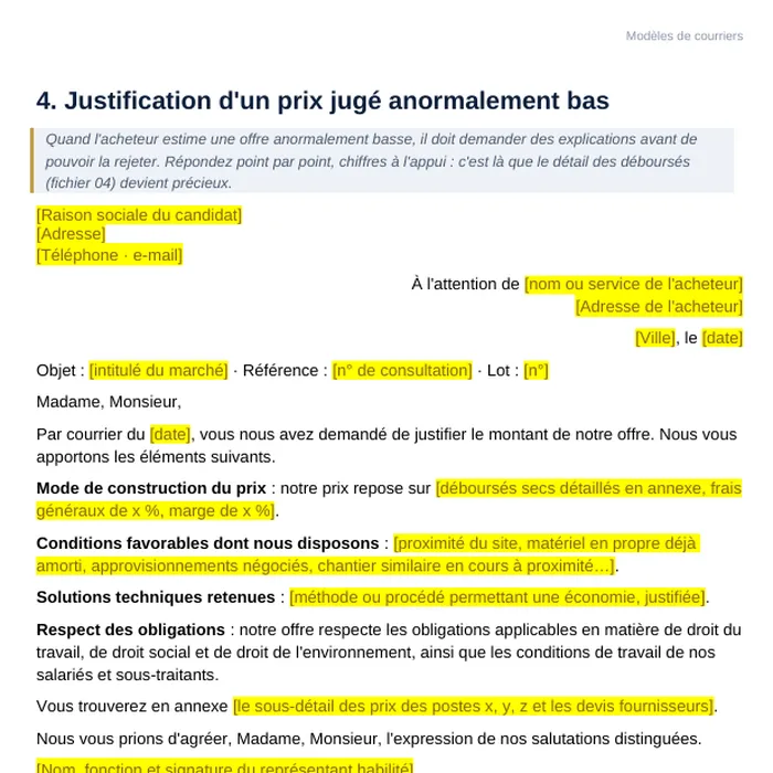 Modèle de courrier : justification d'un prix anormalement bas