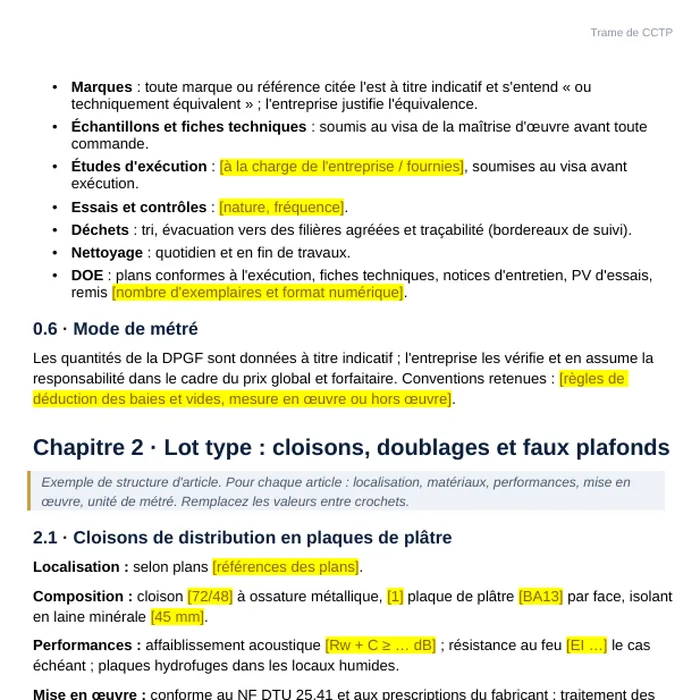Trame de CCTP : article type commenté