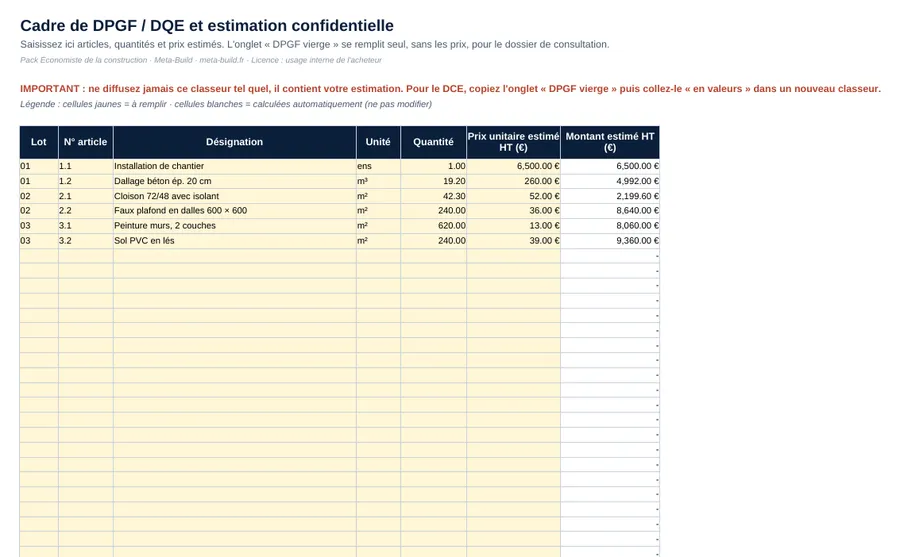 Cadre de DPGF : l'estimation confidentielle génère la DPGF vierge